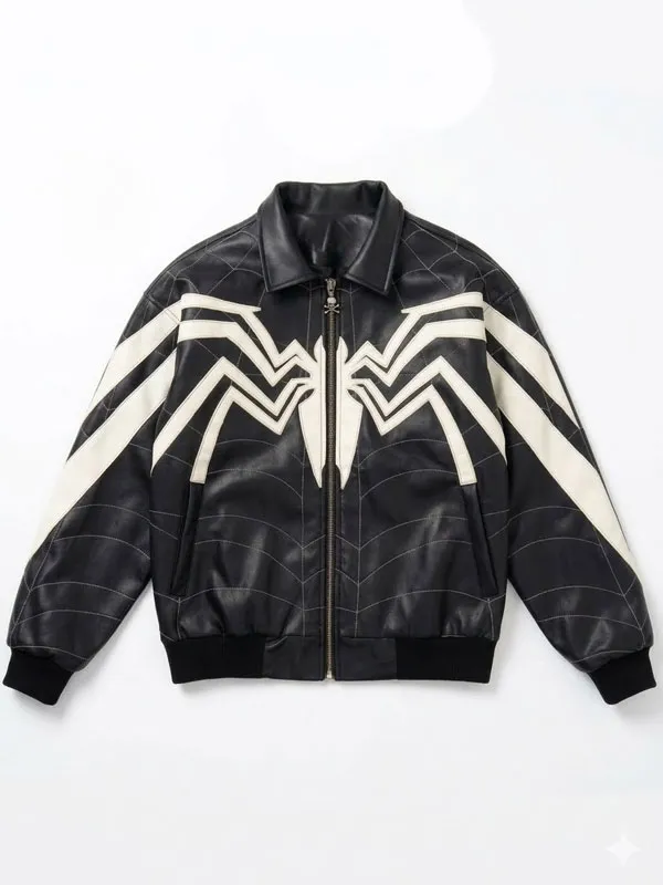 Flat lay front view of Spider Man Brand New Day Black Leather Jacket. Spider Man Brand New Day Black Leather Jacket