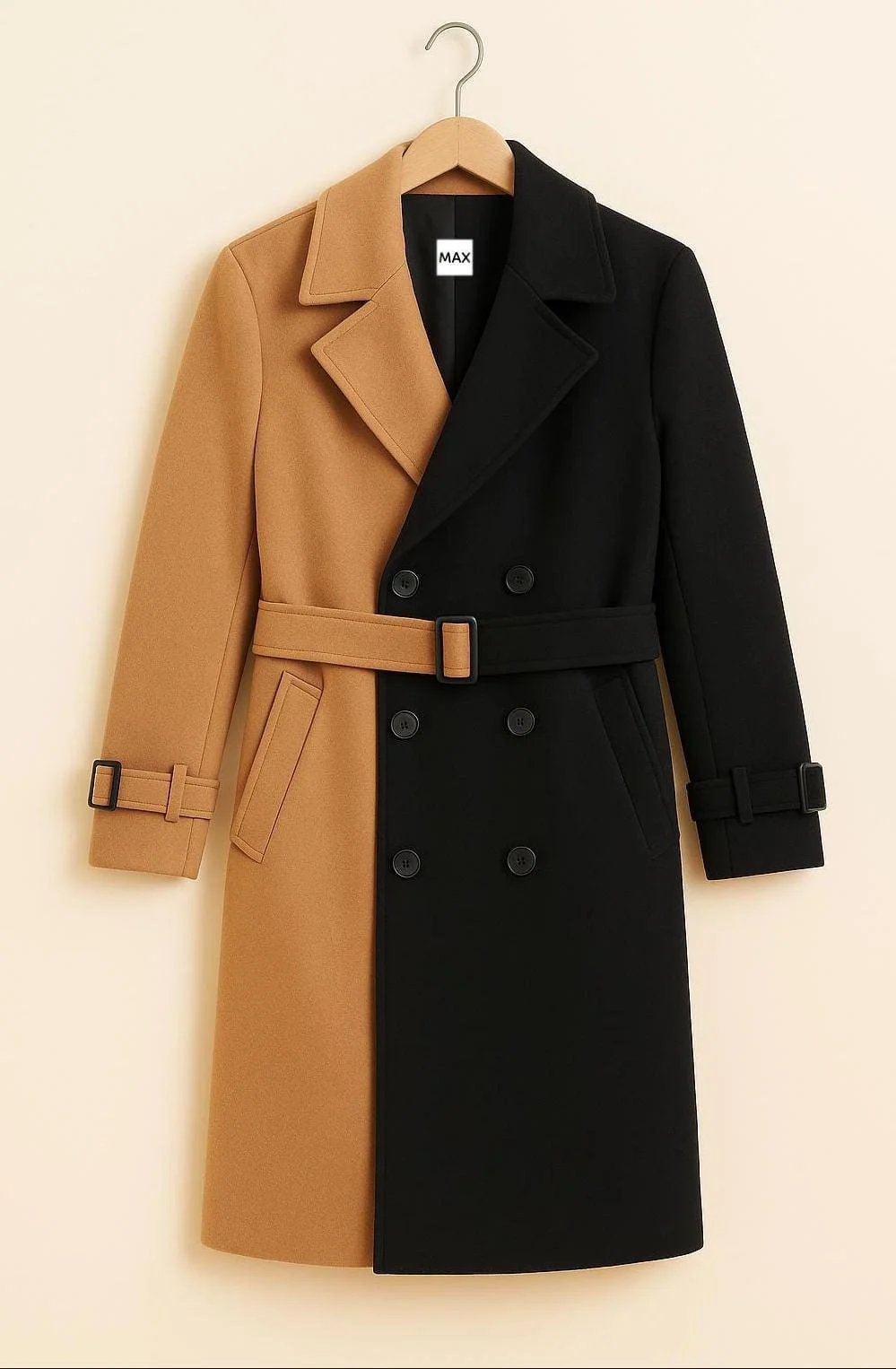 men's colorblock wool coat front view camel black