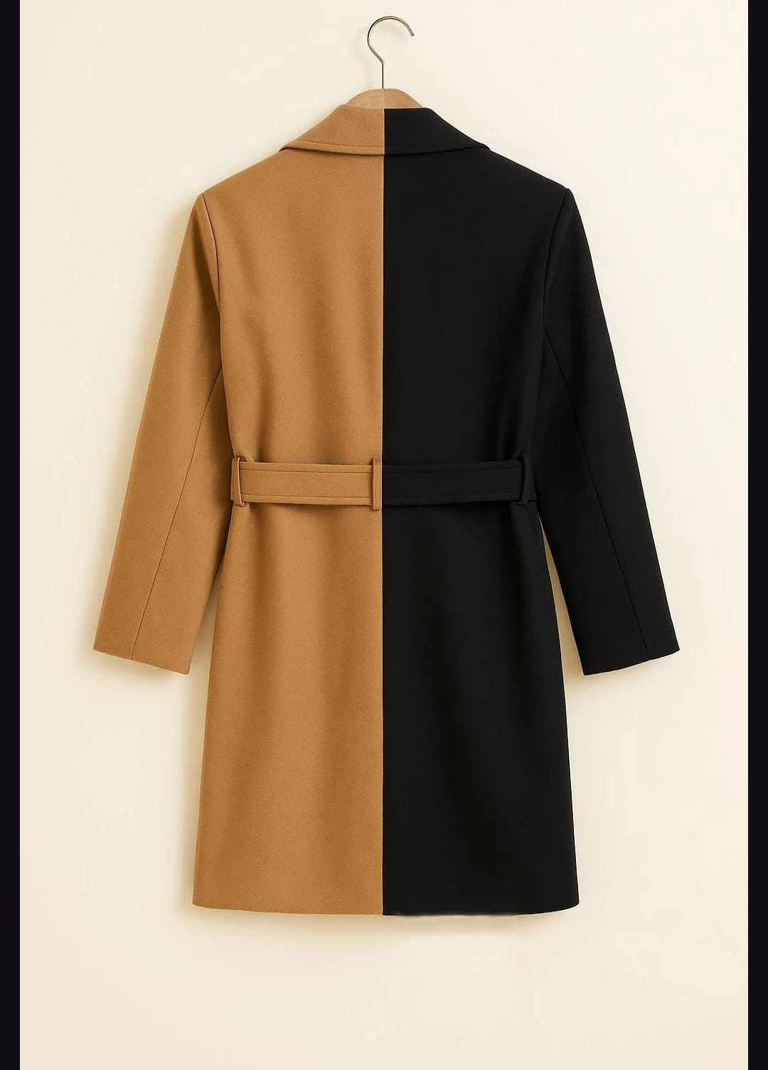 men's colorblock wool coat back view camel black