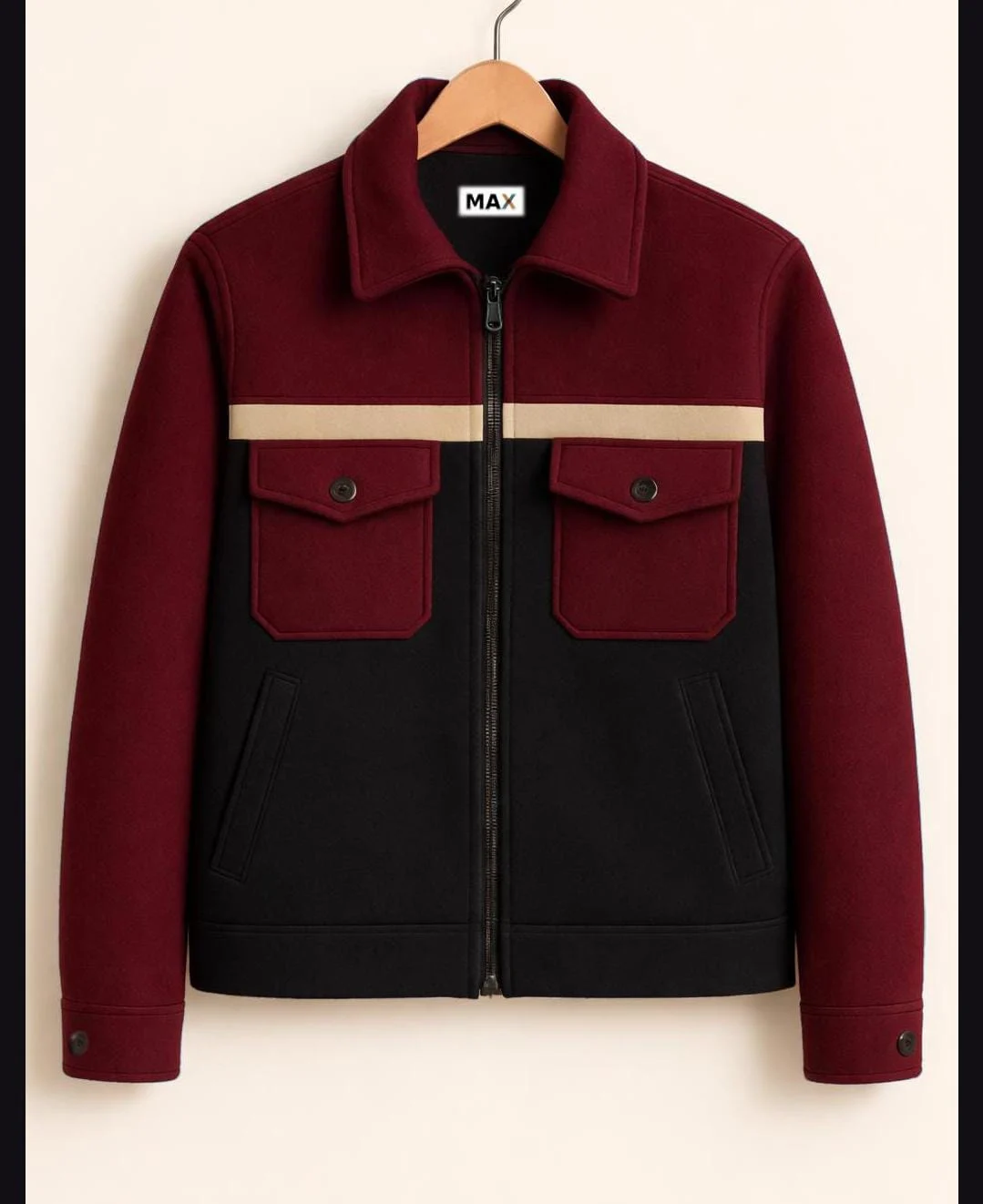 men's burgundy colorblock jacket front view black tan