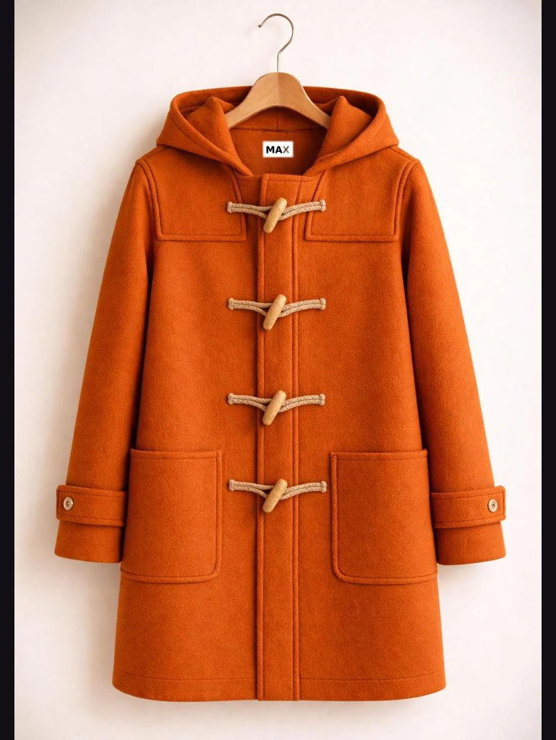 men's orange wool duffle coat front view toggle closures