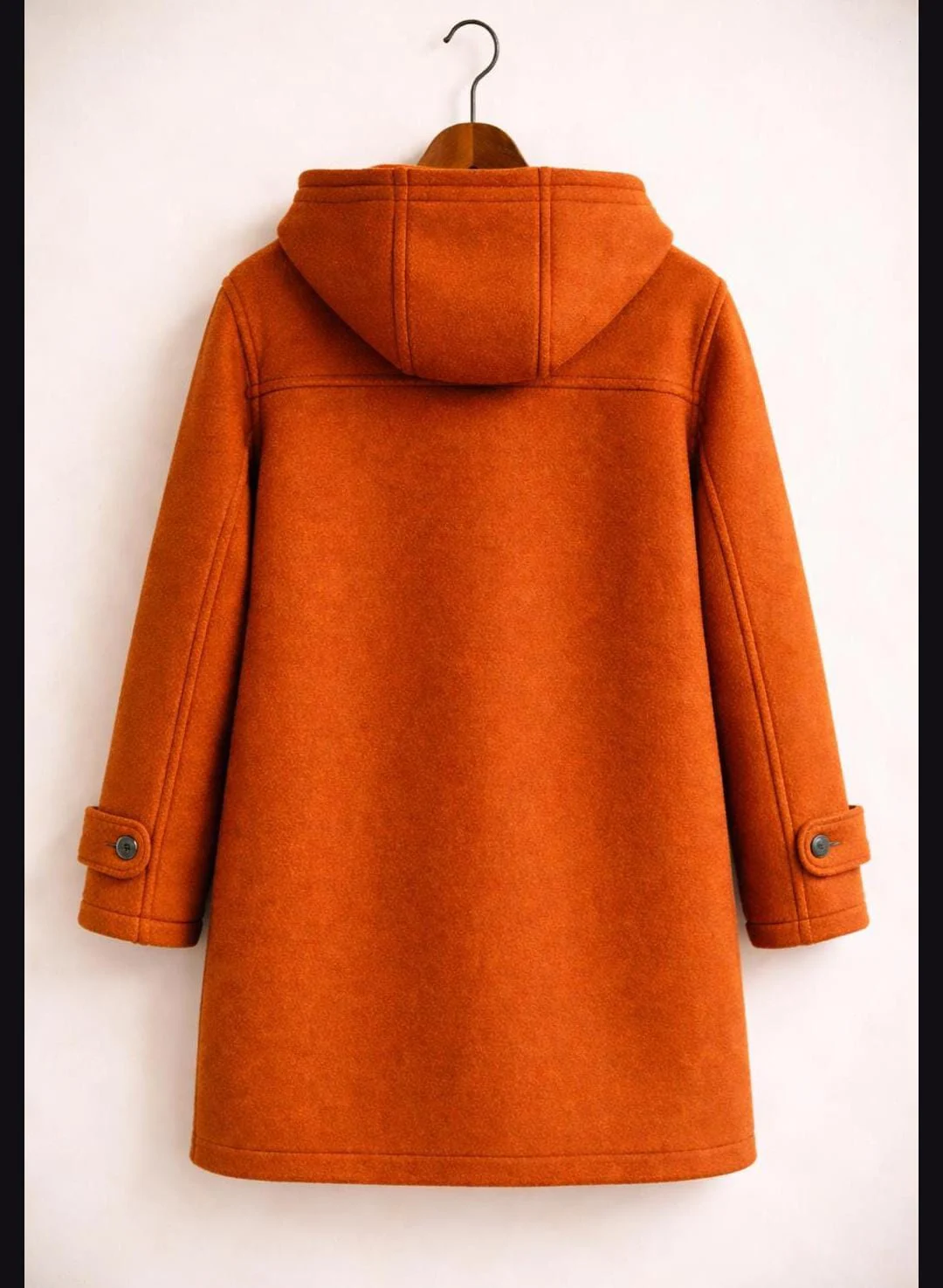 men's orange wool duffle coat back view hood