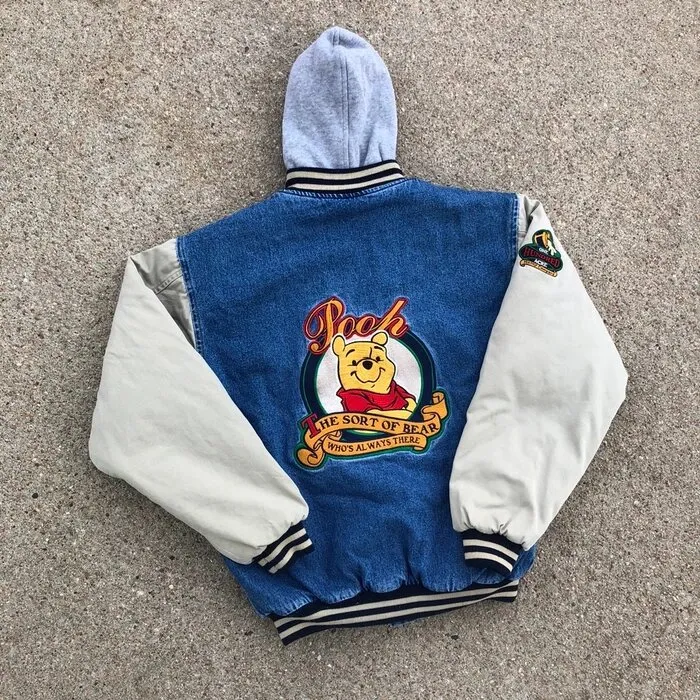 Winnie The Pooh 90s Vintage Denim Hooded Varsity Jacket - Image 2