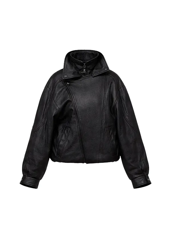Womens Oversized Black Leather Bomber Jacket front view showing convertible high stand collar and asymmetrical zip