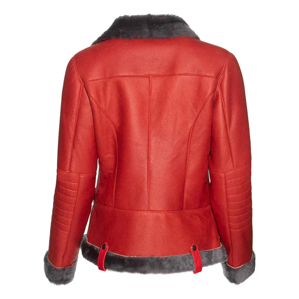 Women's Red Merino Shearling Sheepskin Biker Leather Jacket - Image 2