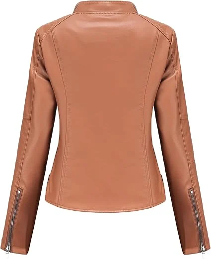 Women's Slim Fit Tan Brown Faux Leather Biker Jacket - Image 2