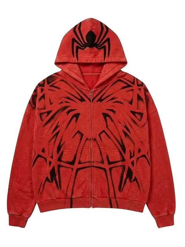 Flat lay front view of Spider Man Brand New Day Dominique Barrett Red Hooded Jacket