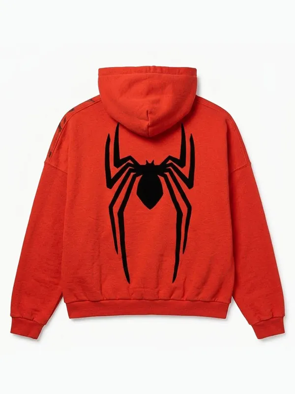 Flat lay back view of Spider Man Brand New Day Dominique Barrett Red Hooded Jacket