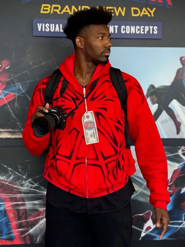 Dominique Barrett wearing Spider Man Brand New Day Red Hooded Jacket front view. Spider Man Brand New Day Dominique Barrett Red Hooded Jacket