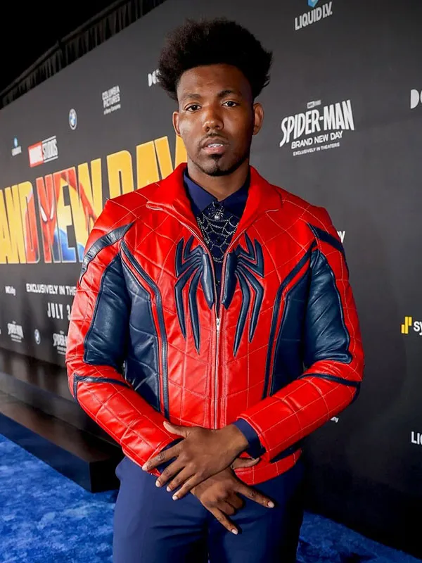 Dominique Barrett wearing Spider Man Brand New Day Leather Jacket at premiere front view . Spider Man Brand New Day Dominique Barrett Leather Jacket