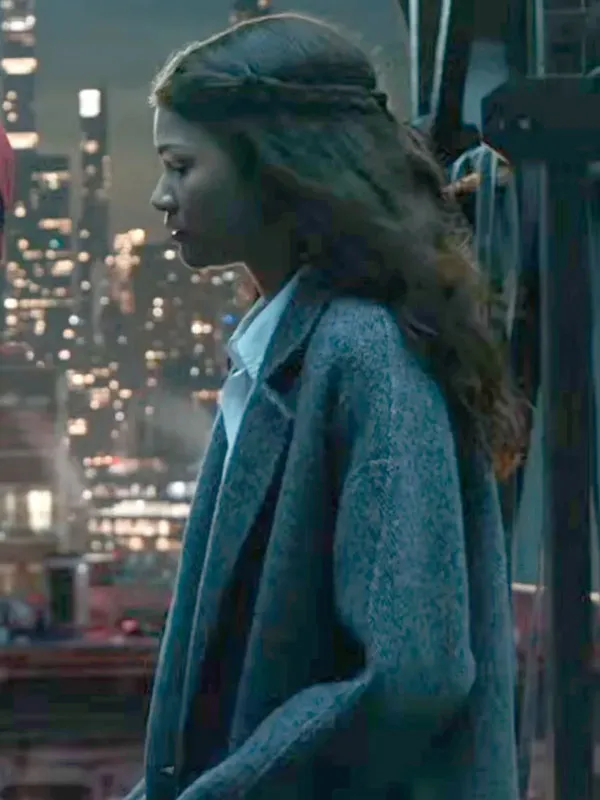 Zendaya wearing Spider-Man Brand New Day Wool Coat side profile view. Spider-Man Brand New Day Zendaya Wool Coat